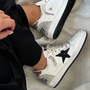 Golden Goose Ball Star Sneaker White Leather/Gold/Black Glitter sz 37 New in Box